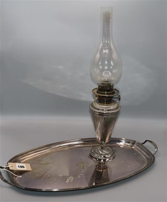 Plated rectangular two-handled tray, engraved crest and Ymlaen and spiral-reeded plated oil lamp